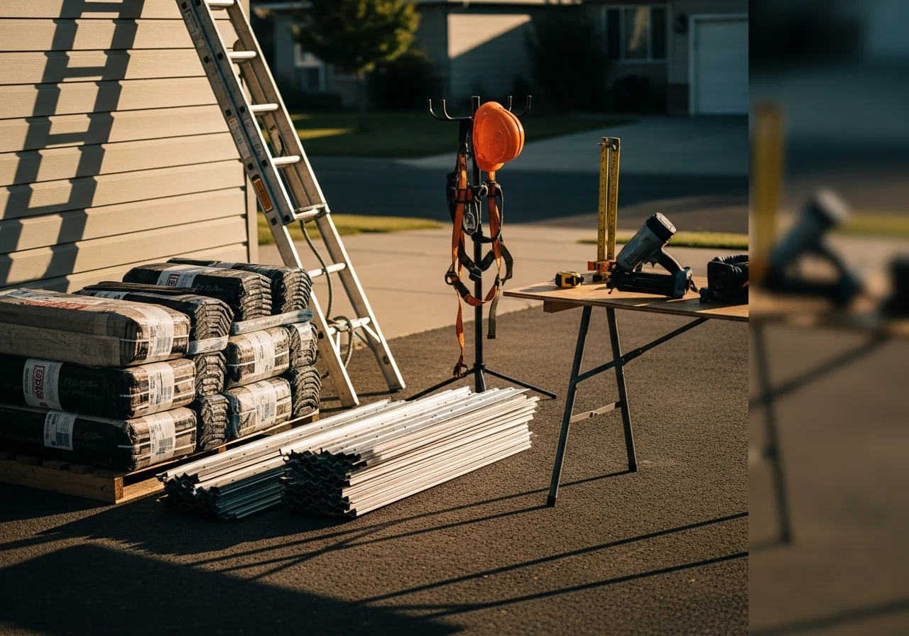 Roofing crew with tools and safety equipment on a residential job site in Boise.