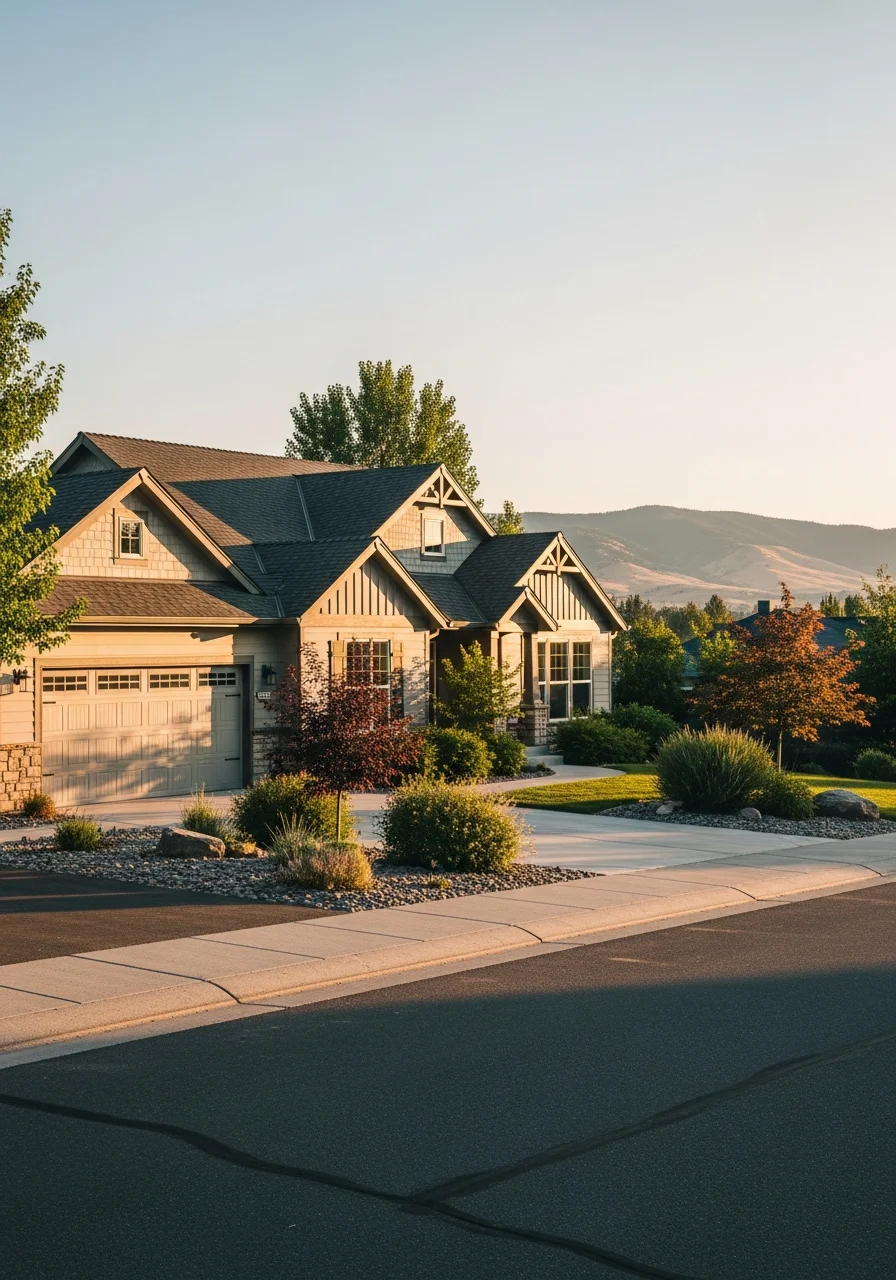 Portrait-style shot of a Boise Bench-area home with mature landscaping and mountain views.