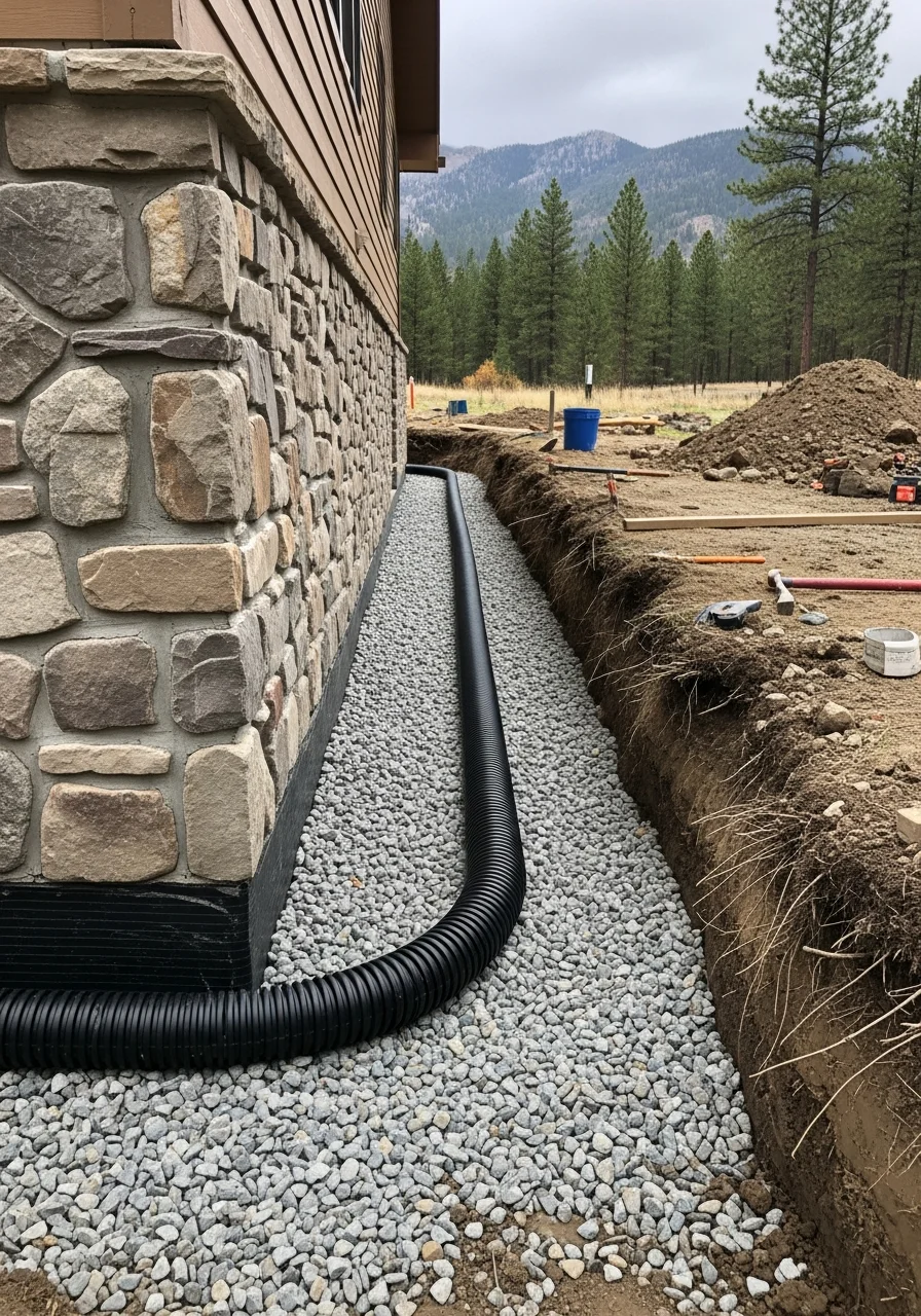 Close-up of foundation work on a high-elevation Cascade home showing proper drainage for mountain terrain.
