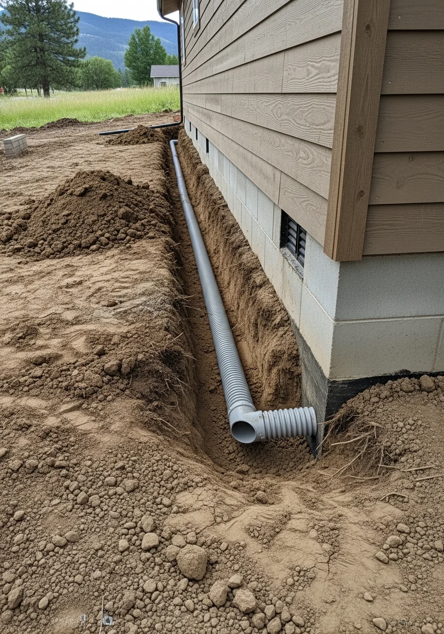 Close-up of foundation work on a Gem County rural home showing slope and drainage management.