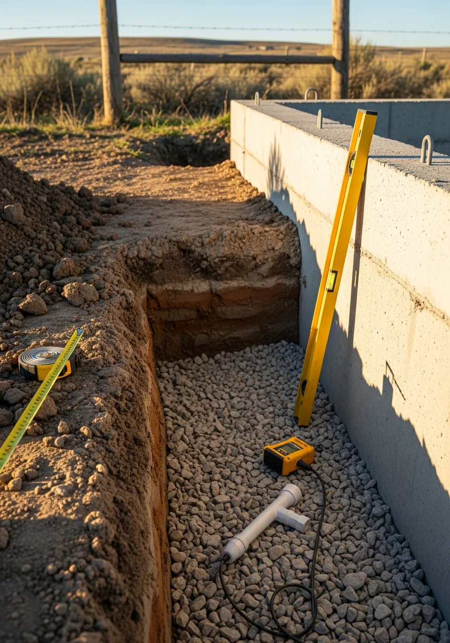 Close-up of a foundation inspection on a Homedale-area home showing soil and drainage work.