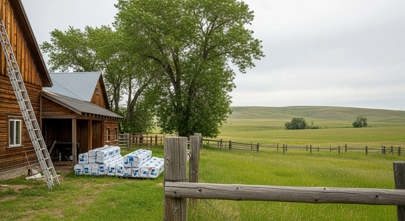 Wide view of a rural Homedale property with mature trees, open pasture, and a farmhouse in the distance under clear Idaho sky.