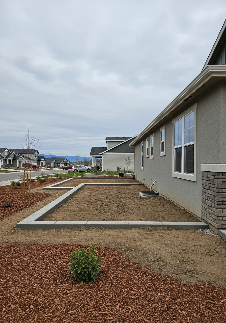 Portrait shot of a Meridian home's front foundation and yard showing modern construction and grading.