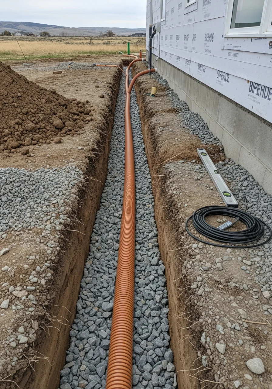 Close-up of foundation work on a Mountain Home home showing proper drainage installation.