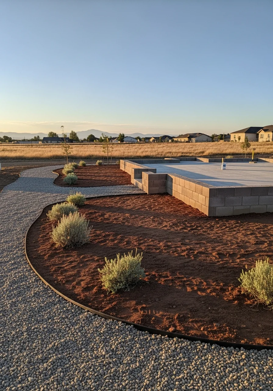 Portrait-style image of a Nampa home's foundation and landscaping with professional grading work visible.