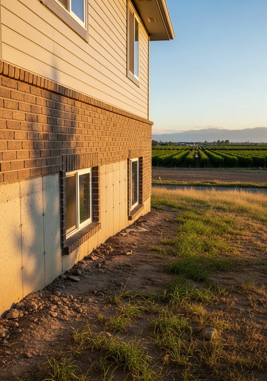 Portrait-style image of a Payette home's foundation with agricultural land visible in the background.