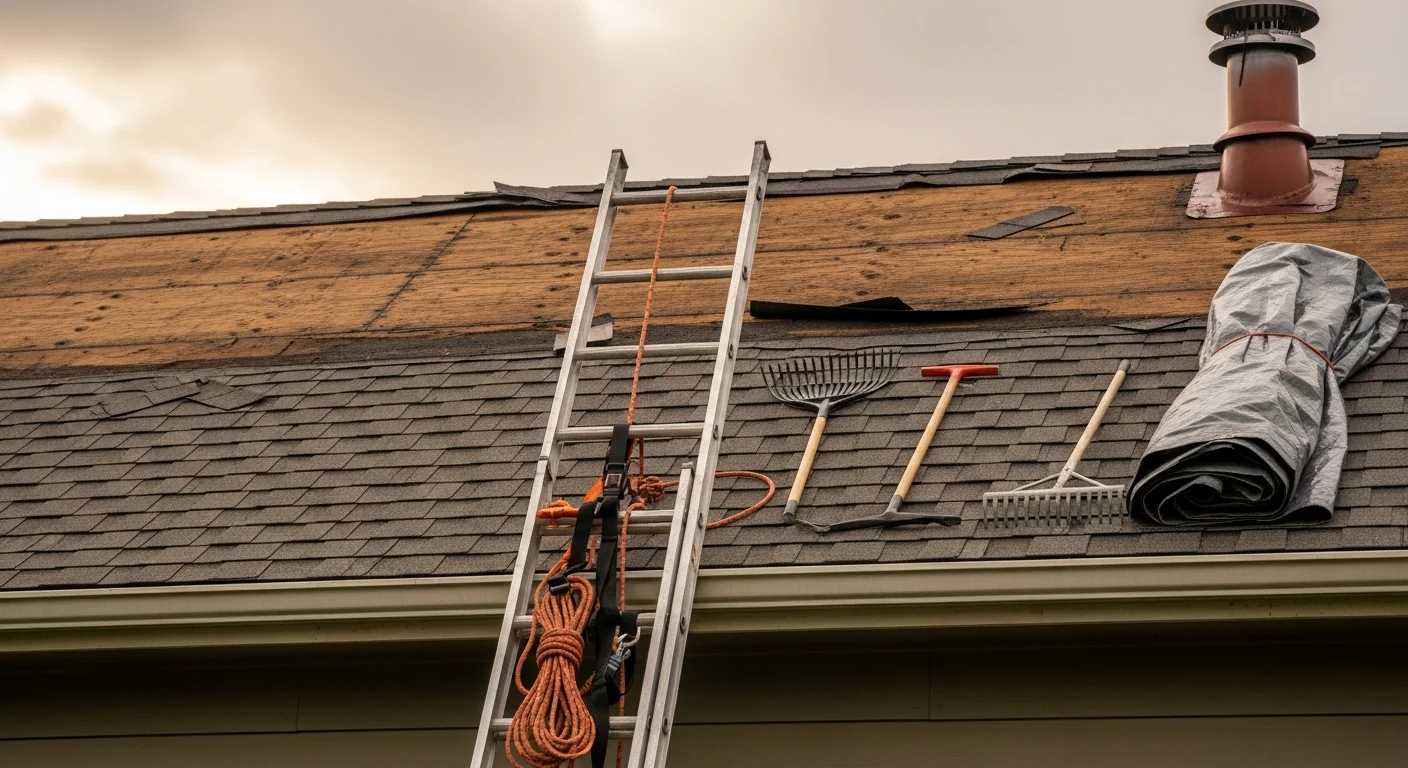 A Homedale, Idaho residential roof with storm-damaged shingles being repaired by a roofing contractor, showing exposed decking patched and new roofing material being secured along the damaged section.