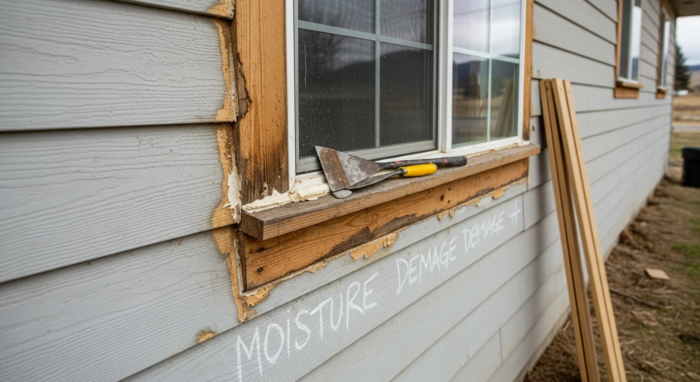 A general contractor repairing rotted fascia and wood trim on the exterior of a ranch-style home in Homedale, Idaho. Repaired siding and fresh trim are visible along the roofline against a clear high-desert sky.