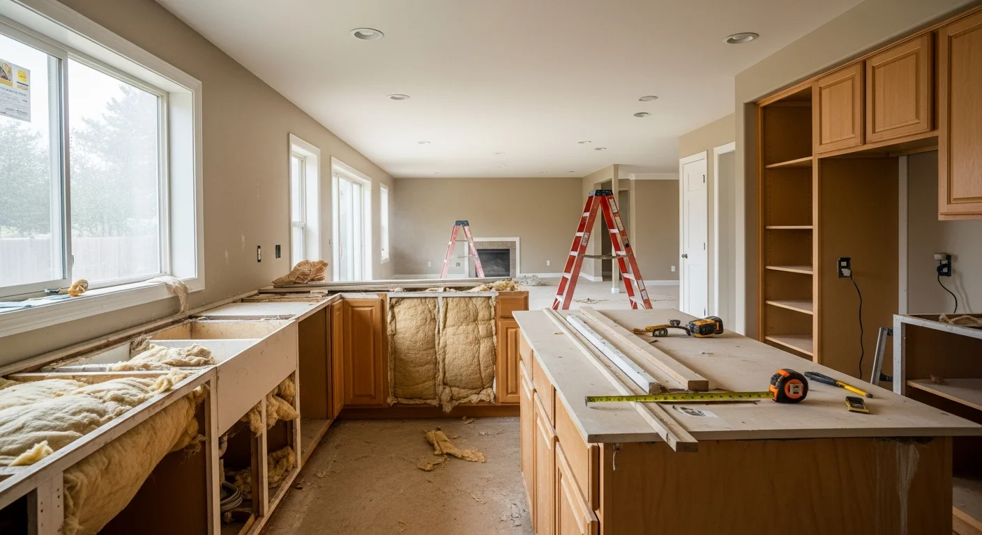 A remodeled interior of a ranch-style home in Homedale, Idaho, showing updated flooring, fresh drywall, and a modernized open-plan living and kitchen area. Work completed by Idaho Home Improvement Co. Inc., a general contractor serving Homedale and surrounding Owyhee County.