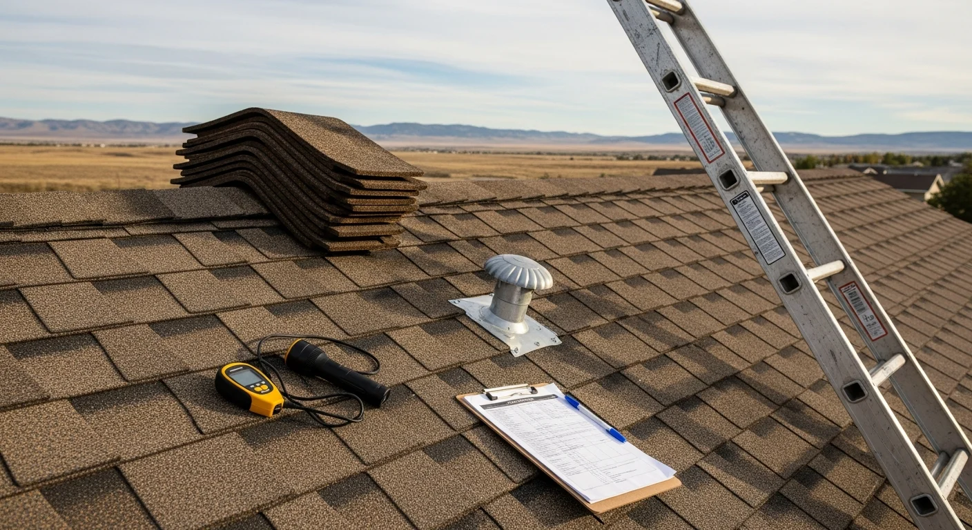 A roofing contractor from Idaho Home Improvement Co. Inc. inspecting the surface and flashing of a ranch-style home in Homedale, Idaho. The inspector examines the ridgeline and edge details against a clear Owyhee County sky.