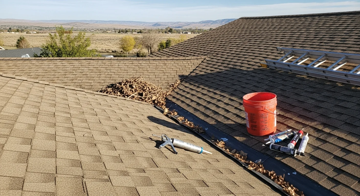 A roofing contractor from Idaho Home Improvement Co. Inc. inspecting shingles and flashings on a ranch-style home in Homedale, Idaho. The Owyhee Mountain foothills are visible in the background under a clear high-desert sky.