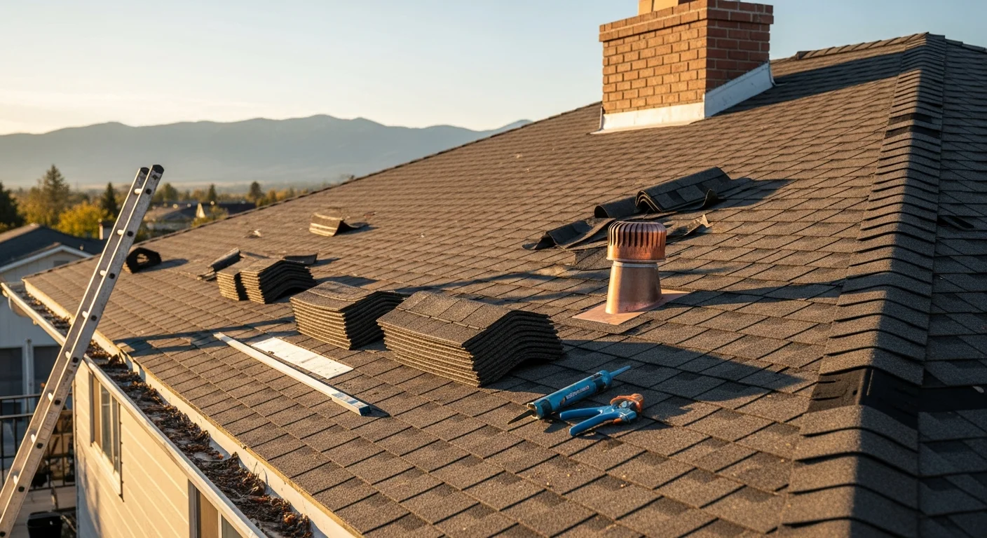 A repaired residential roof on a ranch-style home in Homedale, Idaho, showing replaced shingles and sealed flashing around a chimney. The surrounding landscape reflects the open Snake River Valley setting typical of Owyhee County properties.