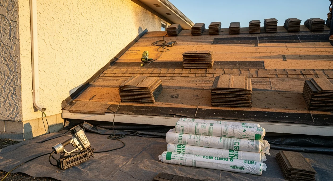 A newly completed roof replacement on a ranch-style home in Homedale, Idaho, with clean roofing lines visible against a clear high-desert sky. The finished roof covers the full structure, showing consistent material installation across the slope and ridge.